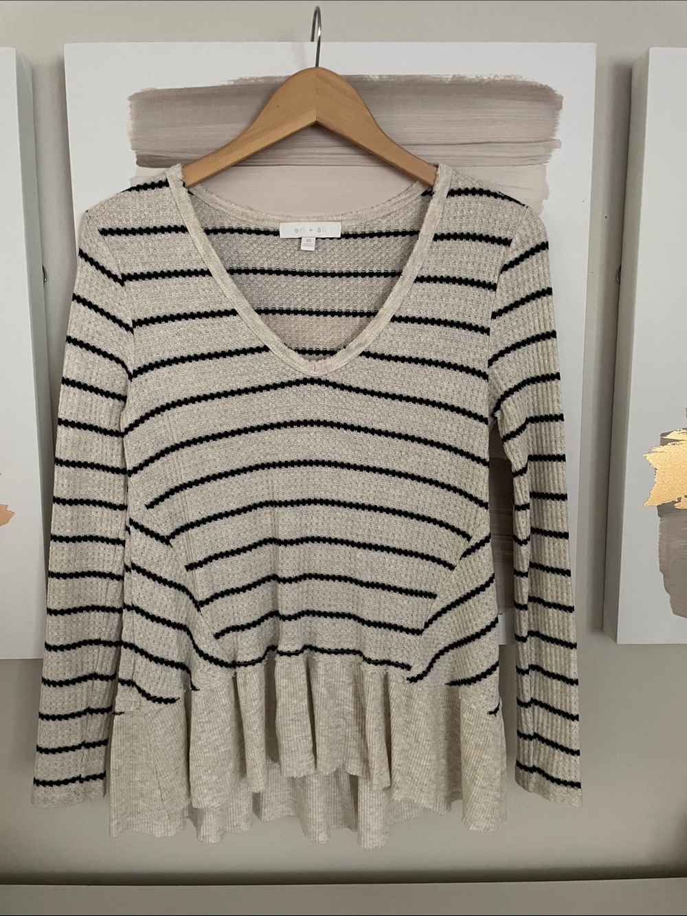 Eri+Ali Cozy Stripe V-Neck Peplum Top - Cream/Black
